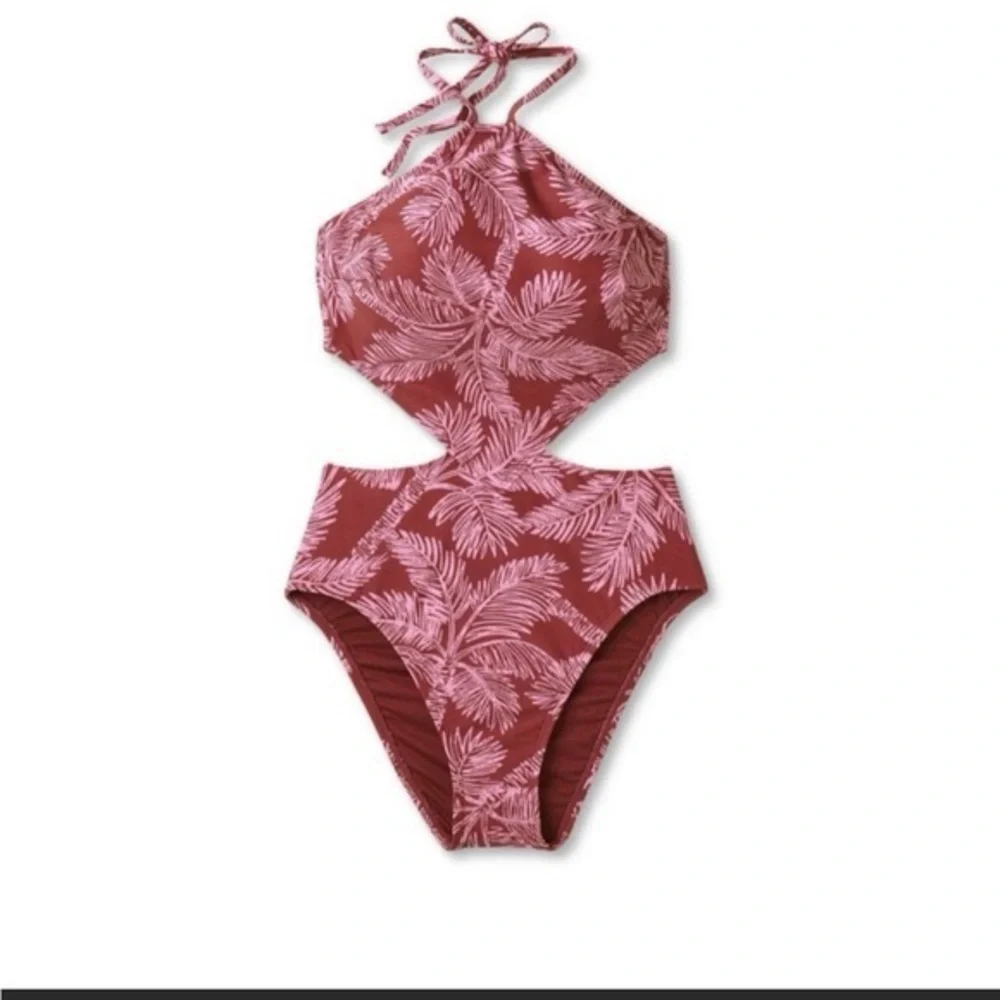 NWT Shade and Shore Swimsuit Women's Medium Halter One Piece Rust Palm Print - Picture 1 of 5